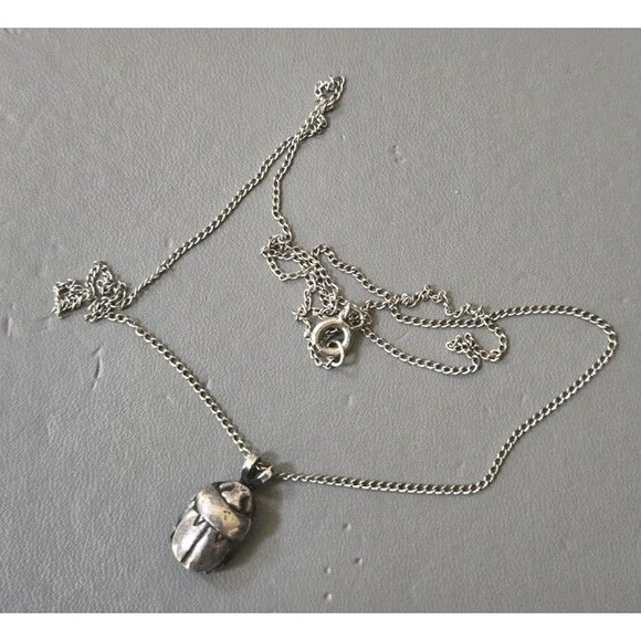 Vintage Sterling Silver Egyptian Scarab Beetle Pendant Chain Necklace 19" - Picture 7 of 11